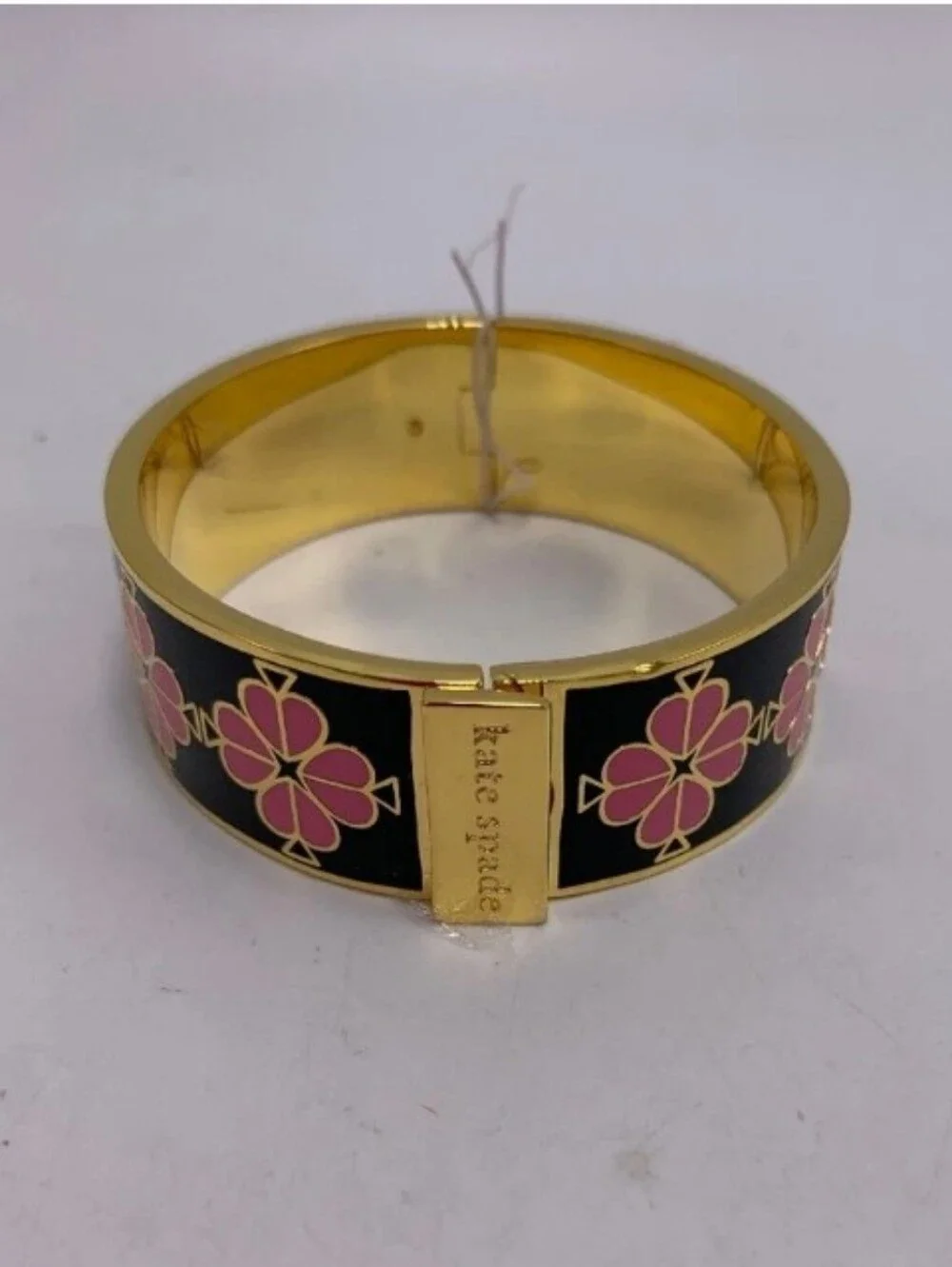 Kate Spade Gold-Tone Black Enamel Hinged Bangle with Pink Floral Motif NWOT - Picture 3 of 3